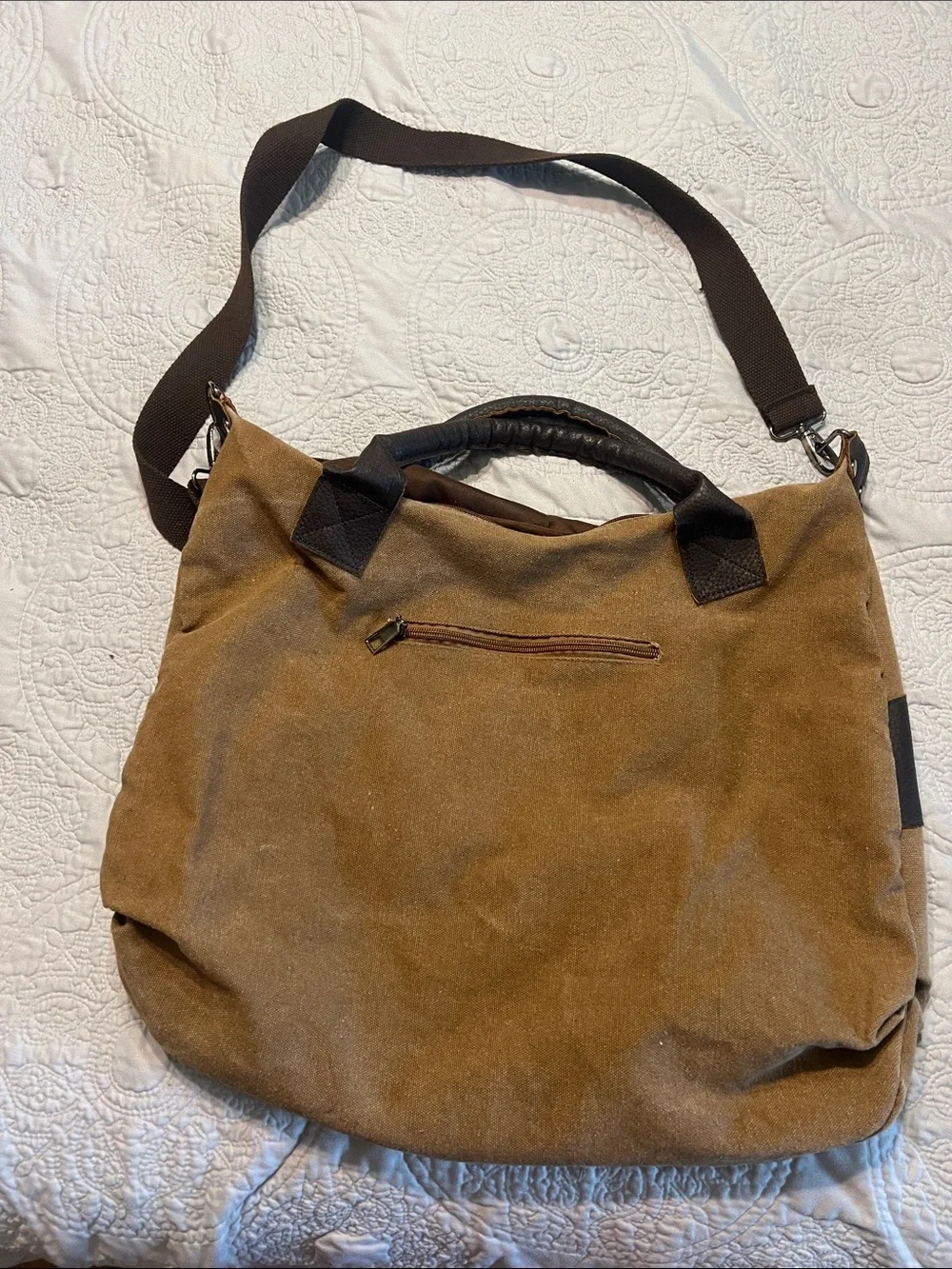 Canvas and Leather-Trim Hobo Bag in Brown